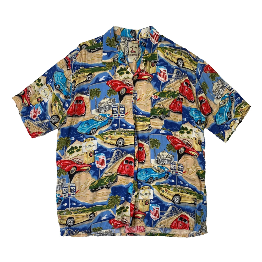 Vintage Island Collection Shirt Mens XL Corvette Route 66 USA Button Up Hawaiian